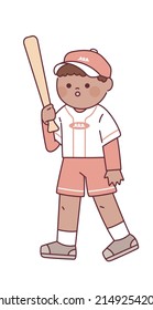 A boy in a baseball uniform and walking with a baseball bat. outline simple vector illustration.