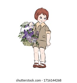 Boy with basket of flowers. 
