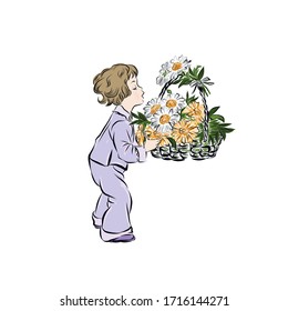 Boy with basket of flowers. 
