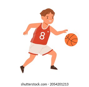 Boy, Basketball Player Dribbling With Ball. Child Athlete In Sportswear During Sports Activity. Happy Active Kid Training. Flat Vector Illustration Of Little Schoolboy Isolated On White Background