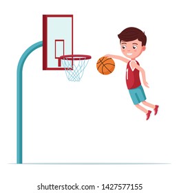 Boy basketball player jumps with the ball in his hand. Jumping boy throws the ball into the basketball basket. Vector illustration, side view profile, flat.