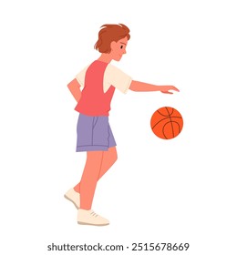 Niño jugador de baloncesto jugando con pelota. Personaje masculino joven que camina a la canasta, bola de golpeo del atleta en el piso y la acción del golpe del entrenamiento, vista lateral de los ejercicios activos de la Ilustración vectorial de la historieta del muchacho