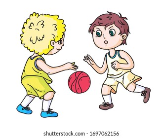 Boy basketball player team opponent fight for ball. Children in sportswear taking part in championship tournament match, sport competition. Kid defense attack position. Isolated on white background