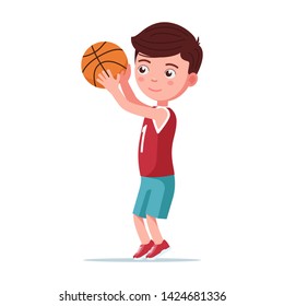 Boy Basketball Player Throws The Ball In The Basket. Little Boy Plays Basketball. Child Wants To Throw The Ball. Vector Illustration On White Background, Side View Profile, Flat.