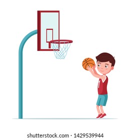 Boy basketball player throws the ball in the basket. Small child in sportswear plays basketball. Vector illustration isolated on white, side view profile, flat.