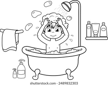 Niño bañándose en una bañera, aseo personal, limpieza del cuerpo, Ilustración vectorial sin fondo blanco y negro, arte de línea.	