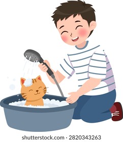 Boy Bathing Cute Pet Cat Carefully