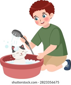 Boy Bathing Cute Pet Cat