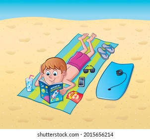 Boy In A Bathing Suit Reading A Comic Book While Laying On A Towel At The Beach With His Body Board, Cell Phone, Potato Chips, Cold Drink, Sunglasses, And Flip Flops Around Him.