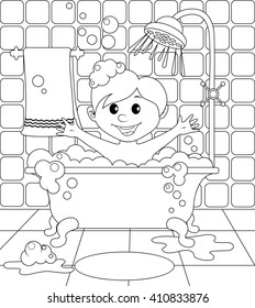 Boy in the bathroom. Black and white vector illustration for coloring book