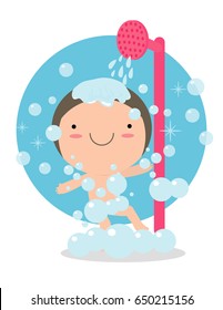 boy in a bathroom taking a good shower, kids taking shower in bathroom,child healthy lifestyle concept. Vector illustration Isolated on white background.