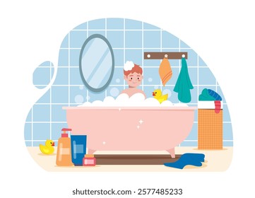 A boy in a bathtub filled with bubbles, surrounded by bath essentials, towels, and a rubber duck in a cozy bathroom. Vector illustration