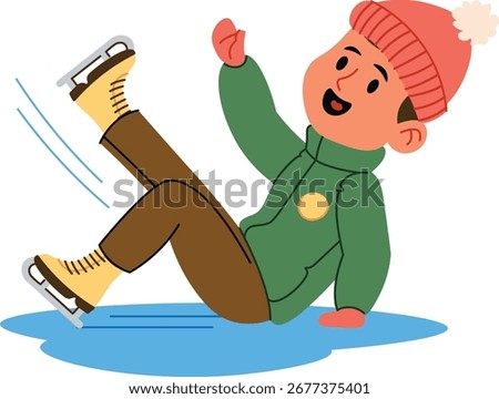 A boy in a beanie and skates slips on ice in a cartoon style. The child falls backward with a surprised expression while skating. Cartoon vector illustration.