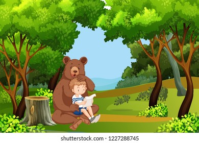 Boy and bear in the forest illustration