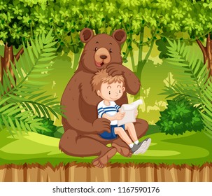 Un niño y un oso en la ilustración de la jungla