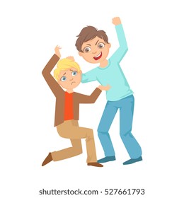 Boy Beating Up Smaller Kid Teenage Bully Demonstrating Mischievous Uncontrollable Delinquent Behavior Cartoon Illustration