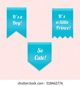 It's a boy. Beautiful blue ribbons set vector for newborn Baby Boy on pink background. Cute blue labels with text. Baby blue ribbons set. Blue icons set vector. Cute sweet baby infant tags with text.