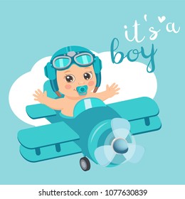 It's A Boy Beautiful Vector Card. Cute Airplane With Arrival Boy Aviator. Cartoon Illustration With Ahoy It's A Boy. Baby Shower Invitation Card.