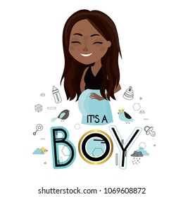 It's a boy. Beautiful young pregnant woman. Future mother of a newborn boy. Cute vector illustration. Baby shower. Black. African american woman