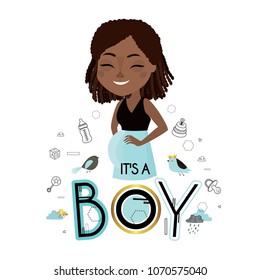 It's a boy. Beautiful young pregnant woman. Future mother of a newborn boy. Cute vector illustration. Baby shower. Black. African american woman