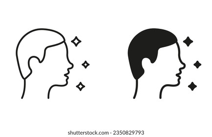 Chico con Beauty Shiny Face y Hairstyle Pictogram Set. Línea de perfil de hombre e iconos negros de silueta. Colección de símbolos de cara masculina en vista lateral sobre fondo blanco. Ilustración de vectores aislados.