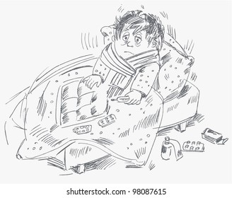 The boy became ill and was lying in bed, vector illustration