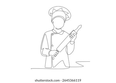 Boy becomes little chef. Children hobbies concept one-line drawing