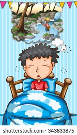 Boy in bed dreaming of fishing illustration