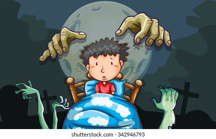 Boy In Bed Having Nightmare Illustration