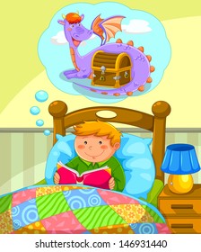 boy in bed reading a book about a dragon