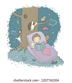 The boy in bed is reading a book. Sleeping boy with toys. Night forest with animals.