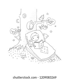 The boy in bed is reading a book. Sleeping boy with toys. Fairy forest. Coloring book