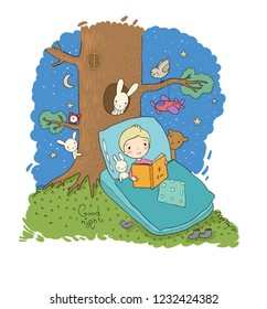 The boy in bed is reading a book. Sleeping boy with toys. Night forest with animals.