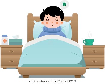 The boy in bed is sick with a virus