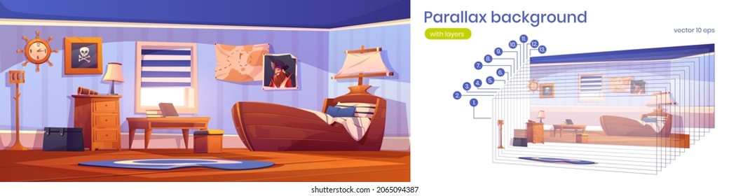 Boy bedroom in pirate thematic with ship bed, captain portrait and skull picture on wall. Vector parallax background with cartoon interior of empty kids room with spyglass and steering wheel clock