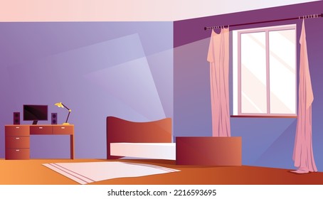 Boy Bedroom. Room Interior With Computer Table And Uncovered Bed. Furniture Cartoon Vector Illustration. Cleaning In Child Room