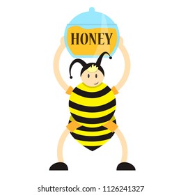 boy in a bee costume holds a container with honey,vector image, flat design