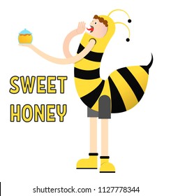 a boy in a bee costume sells honey,vector image, flat design,cartoon character