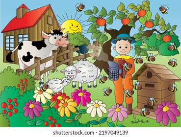 Boy beekeeping on the farm. Color worksheet.