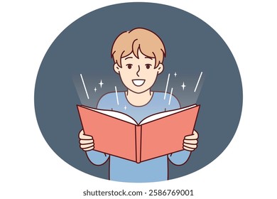 Boy before adolescence with open book in hands reads fairy tale or comics with interest. Student fulfills instructions teacher and is engaged in extracurricular activities studying material from book