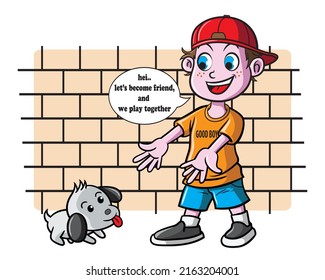 a boy befriends a puppy he finds on the street vector illustration