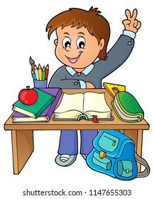 Boy behind school desk theme image 1 - eps10 vector illustration.