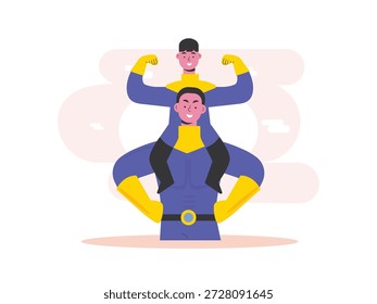 Um menino está sendo levado pelo pescoço usando uma fantasia de herói, brincando junto. Design de caracteres. Ilustração plana vetorial.