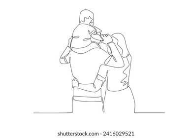 A boy is being carried by his father. Family one-line drawing