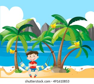 Boy being happy by the beach illustration