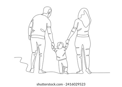 A boy is being led for a walk by his parents. Family one-line drawing