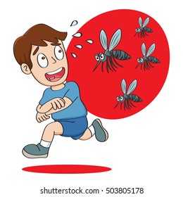 Boy Being Mosquito Chased, vector illustration cartoon