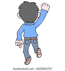 boy is being seen from behind with a gesture of enthusiasm to face life, vector illustration art. doodle icon image kawaii.