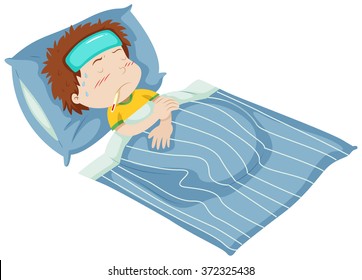 Boy being sick in bed illustration