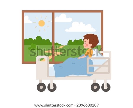 Boy being sick in hospital bed looks out the window at the sunny nature landscape. Vector illustration of cute kid in the clinic or hospice for medical treatment isolated on white